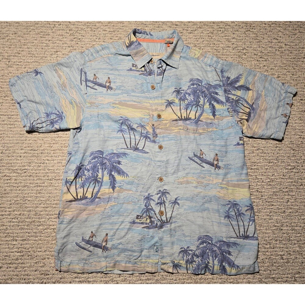 Tommy Bahama 100% Silk Hawaiian Surfer Camp Button Shirt Men’s Size Small Blue